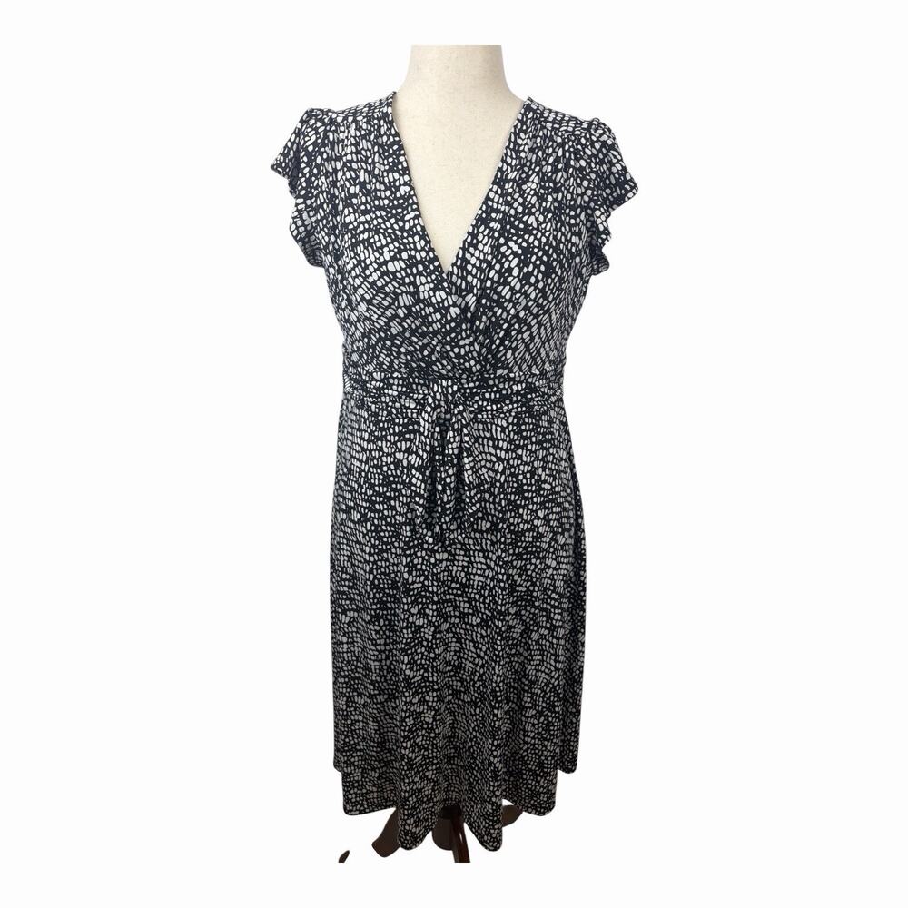 Jessica Howard Size 16 Black White Faux Wrap Dress Flutter Sleeve Keyhole Back